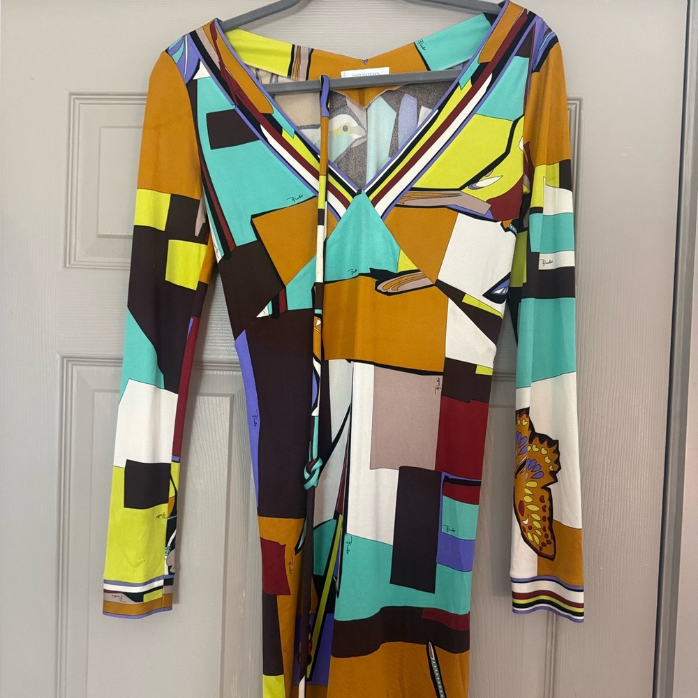 RARE Emilio Pucci Multicolor Geometric Dress with Butterfly and Birds